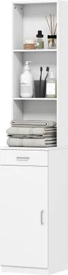 Produktbild von Schmaler Badezimmerschrank Weiß mit Schublade und Regalen – Platzsparend aus Spanplatte