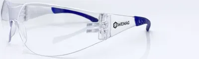 Produktbild von WEMAG Einscheiben-Schutzbrille 'sporty' farblos, blauer Softbügel, EN 166, CE, Schutzstufe:DIN EN 166, Ausführung:sporty, Farbe:farblos, Dioptrien:nv