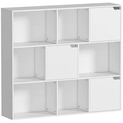 Immagine prodotto di Libreria con 9 scomparti, 3 ante e 6 ripiani aperti | Colore: Bianco | Dimensioni: 106x24x95 cm