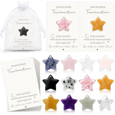 Image de Ensemble de pierres de la chance : 12 pierres précieuses en forme d'étoile, avec des cartes et des petits sacs en organza