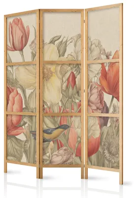 Immagine prodotto di Pannello divisorio giapponese, 3 ante, pieghevole, realizzato in tessuto non tessuto di alta qualità, con motivo di fiori colorati, ideale per il soggiorno, dimensioni 135 cm x 172 cm