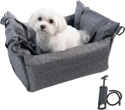 Produktbild von Hundeautositz für kleine Hunde mit Clip-On-Sicherheitsleine, bequemer Plüsch-Autositz in Grau mit Aufbewahrungstaschen