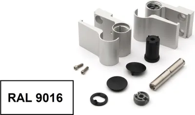 A collection of metal and plastic hardware components, likely for a door or window, arranged on a white background.