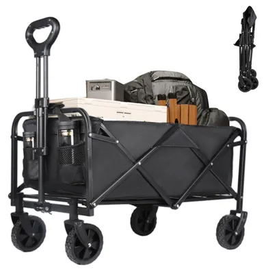 Immagine prodotto di Carrello pieghevole da campeggio - Carrello da trasporto - Per carichi pesanti - Portata 75 kg - Con portabicchieri - Nero