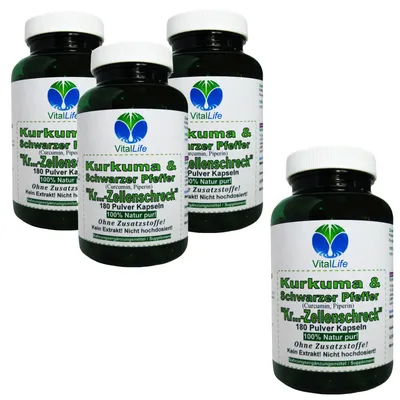 Produktbild von Kurkuma & Schwarzer Pfeffer 720 (4x180) Pulver Kapseln NATUR Pur NICHT hochdosiert KEIN Extrakt OHNE Zusatzstoffe.