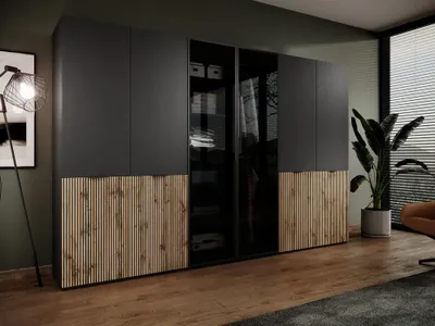 Produktbild von Kleiderschrank – Drehtürenschrank 6 Türen – Nordic – Schwarz – 303 cm – Stilvoller Stauraum mit Glasfronten und Lamellen-Design