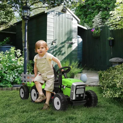Produktbild von Kinder Elektro-Traktor mit Fernbedienung und Anhänger, Kindertraktor elektrisch, Kunststoff+Metall, Grün | 136,5x50x52,5 cm | max. 6 km/h | ab 3 Jahre