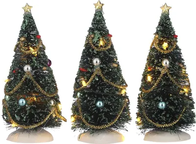 Produktbild von LuVille Weihnachtsdorf-Miniatur Weihnachtsbäumen mit blinkenden farbigen LED-Lichtern - 3 Stück - H15 cm