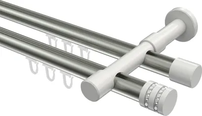 Produktbild von Interdeco Innenlaufstange / Gardinenstange mit Innenlauf Edelstahl-Optik / Weiß, Typ Prestige Estana (Glitzerkappe), 20 mm Ø 2-läufig, 320 cm