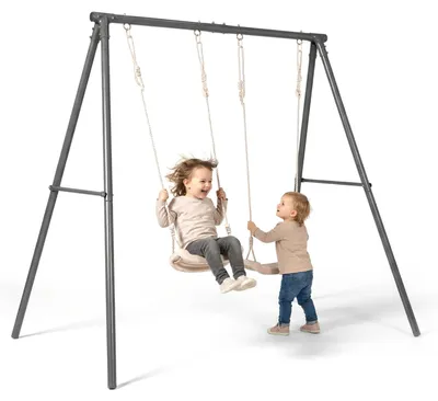 Produktbild von Doppelschaukel für Kinder, verstellbare Sitzhöhe, Stahlgestell anthrazit-beige, Gartenschaukel für 2 Kinder, Outdoor