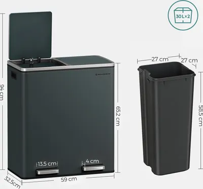 Obrázok produktu pre SONGMICS Odpadkový kôš 60 l s vložkou do koša s 2 priehradkami 2 x 30 l kovový pedálový odpadkový kôš Vnútorný odpadkový kôš z plastu Softclose vzduchotesný sivý LTB60GS