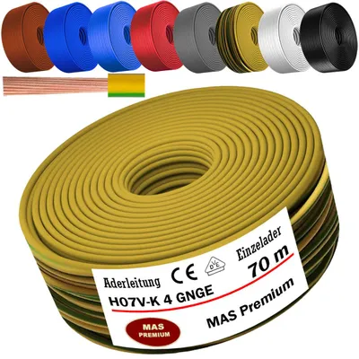 Imagen del producto de Cable de conexión de 70 metros, tipo H07 V-K, color verde y amarillo, con un solo conductor de 4 mm², flexible