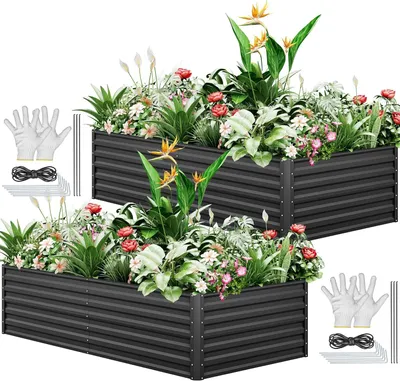 Produktbild von Balconera 2 Stk. Hochbeet 182x90x60cm, Metal Verzinktes Gartenbeet, mit Stützstange & Handschuhe, Schwarz