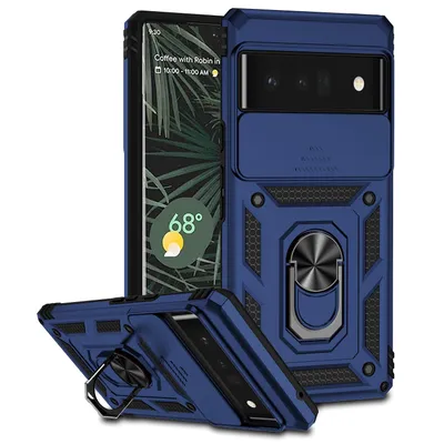 Immagine prodotto di Custodia per Google Pixel 6 Pro a doppio strato con copertura scorrevole della fotocamera e supporto ad anello blu