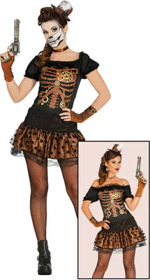 A woman wearing a steampunk skeleton costume and holding a toy gun.