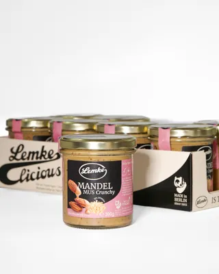 Produktbild von Lemke - Crunchy Mandelmus 8x300 g - Helles Mandelmus mit Mandelstückchen– 100 % Mandeln | Ohne Zuckerzusatz | Vegan | Direkt vom Hersteller aus Berlin