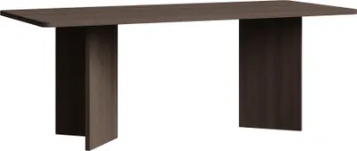 A rectangular dining table with a dark wood-like finish and two solid leg panels.