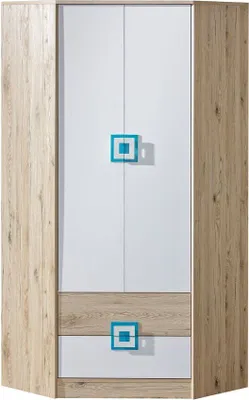 Produktbild von Kinderzimmer - Drehtürenschrank / Eckkleiderschrank Fabian 02, Farbe: Eiche Hellbraun / Weiß / Blau - 190 x 87 x 87 cm (H x B x T)