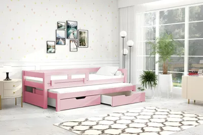 Produktbild von thematys Jugendbett Kinderbett mit abnehmbaren Rausfallschutz und Ausziehbett 2 Schubladen 90x200cm inkl. 2 Matratzen Rosa Kinderbett aus Kiefernholz