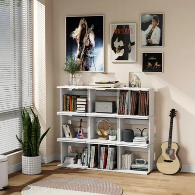 Immagine prodotto di Porta dischi in vinile per 100 album, vintage, bianco, con 3 scomparti, ideale per il soggiorno