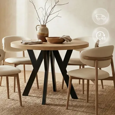 Produktbild von Runder Ausziehbarer Tisch für Esszimmer, PERO, Loft-Stil, Skandinavische, Durchmesser: 90 / 140 cm, Farbe: Eiche Craft Golden / Schwarz