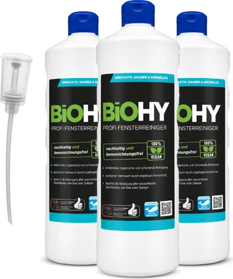 Produktbild von BiOHY Profi Fensterreiniger (3x1l Flasche) + Dosierer | Glasreiniger Konzentrat, ideal für alle FENSTERSAUGER | Streifenfreie Reinigung von Glas-, Fenster- & Spiegelflächen