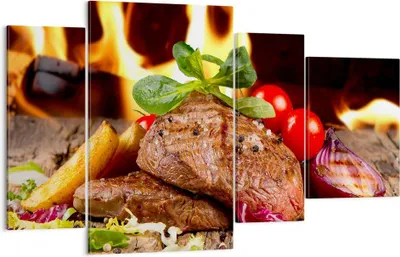 Produktbild von Bild auf Leinwand - Leinwandbild - Essen Holz Feuer Steak - 120x70cm - Wand Bild - Wanddeko - Leinwanddruck - Bilder - Kunstdruck - Wanddekoration - Leinwand bilder - Wandkunst - DL120x70-2825
