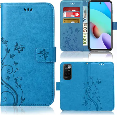 A collage of images showing a blue flip phone case with a floral and butterfly design, displaying its card slots and the phone it protects.