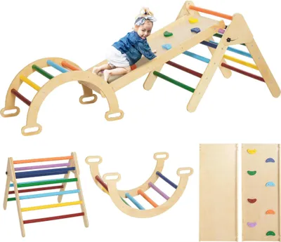 Produktbild von Montessori Kletterdreieck für Kinder - 5-in-1 Kletterdreieck mit Bogen und Rampe - Klappbares Klettergerüst aus Holz - 178x64,5x63 cm - Für 3-6 Jahre - Mehrfarbig