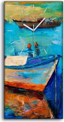 Produktbild von Leinwand Uhr Küche Wohnzimmer Bild 30x60 Bild Meer Boote bei Sonnenuntergang - weiße Hände
