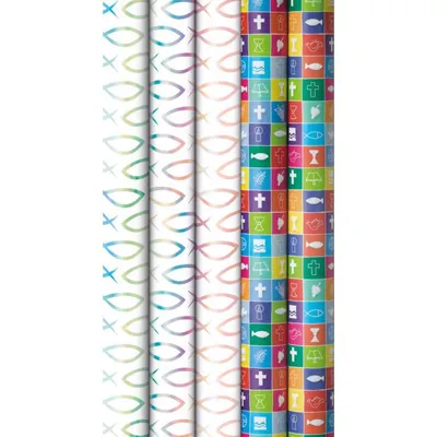 Produktbild von Sortiment Geschenkpapier Kommunion-Konfirmation - christliche Motive - 20 Röllchen á 200 x 70 cm -Rolle: € 3,50 -Sortiment: € 70,00