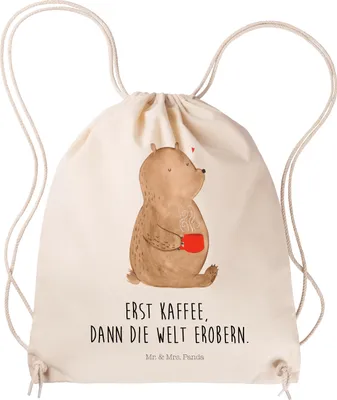 Produktbild von Mr. & Mrs. Panda Sportbeutel Bär Kaffee - Transparent - Geschenk, gymnastiktasche, Jutebeutel, Kleiner Rucksack, wander, Teddy, Beutel, Stoffbeutel, Guten Morgen, Coffee