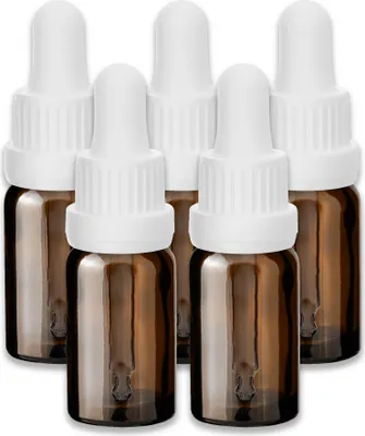 Produktbild von 5x Glasflasche Braun 10 ml mit weißer Pipette Tropfer