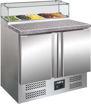 Produktbild von SARO Pizzatisch mit Glasaufsatz, Modell PS 200 G Pizzatisch, Arbeitstisch, Zubereitungstisch, Glasaufsatz, GN-Einlass, 2-türig, Pizzeria, Imbiss, Restaurant, Kühlen, Belegen Vorbereiten