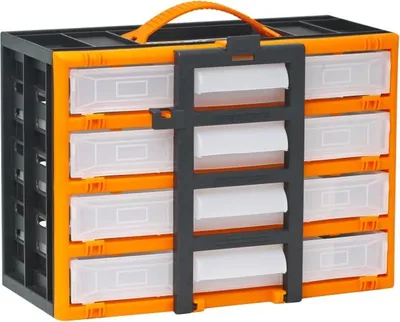 Produktbild von Tragbarer Sortierkasten / Teileschrank – Organizer mit 4 Schubladen – Feste und unterteilte Fächer + obere Aufbewahrungstaschen – Abschließbar mit Vorhängeschloss – Robustes Kunststoffgehäuse mit Griff – 310 × 165 × 220 mm [10959]