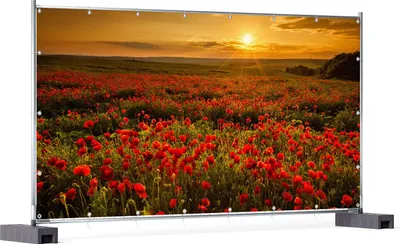 Produktbild von Wallario XXL Outdoor-Poster für Garten oder Balkon, Motiv Mohnblumenwiese bei Sonnenuntergang am Abend, in ca. 340 x 173 cm