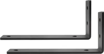 Two black metal shelf brackets are shown against a white background.