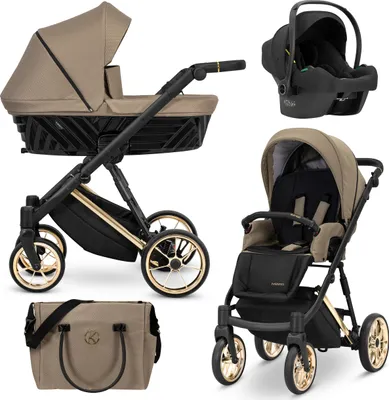 Produktbild von Kinderwagen IVENTO Sportwagen Babywagen Babyschale Komplettset Kinder Wagen Autositz Set 3 in 1 (Caramel Macchiato, Rahmenfarbe: Gold)