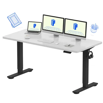 A white adjustable standing desk with dual monitors, a laptop, and accessories, presented on a white background.