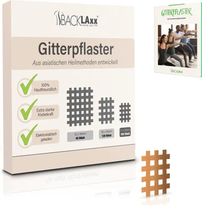 Produktbild von BACKLAxx® Gittertape - 180 Stück  Gitterpflaster Set in Größe Typ a - GRATIS umfangreiches eBook mit über 60 Anwendungsbeispielen