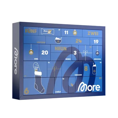 A blue advent calendar with numbered doors and festive graphics.