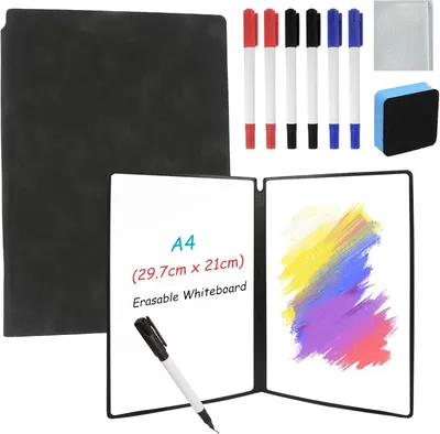 Produktbild von Whiteboard A4 Set, wiederverwendbar, mit 6 Stiften und Radiergummi, für Büro und Schule