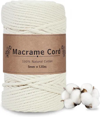 Imagen del producto de Hilo de macramé de 5 mm, color beige, 120 metros, cordón de algodón para proyectos rápidos