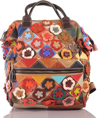 Produktbild von Handgefertigter City Backpack Pachwork Rucksack Blumen Leder bunt 30679