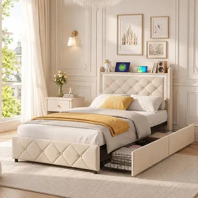 Image de Lit simple 90x200 cm avec 2 tiroirs, lit simple avec rangement, lit avec tiroirs et sommier à lattes, lit pour adolescents, structure de lit, beige, velours (90x200cm)