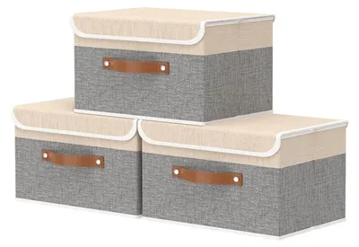 Produktbild von Aufbewahrungsboxen mit Deckel, faltbare Stoffboxen, Handtuchkörbe, Kleiderschrank-Organizer 33 x 23 x 20 cm (beige/grau)