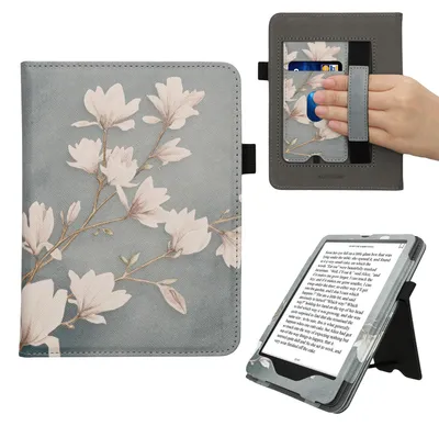 Produktbild von kwmobile Flip Cover kompatibel mit Amazon Kindle Paperwhite (2024)/Colorsoft - Hülle mit Handschlaufe Magnolien Taupe Weiß Blaugrau