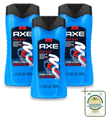 Imagen del producto de 3 unidades de gel de ducha Axe Sport Blast 3 en 1 - Energizante - 250 ml - Paquete ahorro - 3 piezas