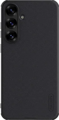 The back of a black smartphone case with a textured surface and a camera bump.