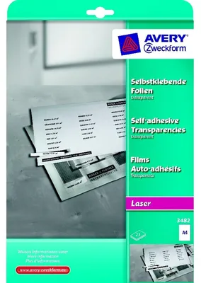 Produktbild von Avery Zweckform 3482 Transparente, selbstklebende Folien, DIN A4, spezialbeschichtet, stapelverarbeitbar, selbstklebend, Stärke: 0,14 mm, Obermaterial: 0,43 mm, 25 Blatt
